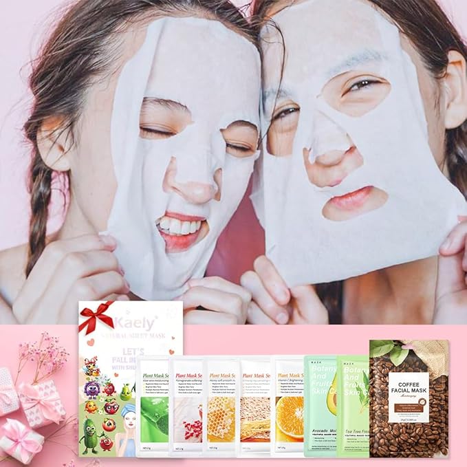 evpct 8-Pack Fruit Sheet Face Facial Masks for Women Skincare Spa, Facial Spa Day Slumber Sleepover Birthday Party Favors Supplies Kit, Natural Ingredients, Hydrate and Soothe for All Skin Types, B01
