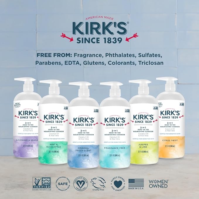 Kirk's 3-in-1 Head to Toe Nourishing Cleanser & Travel Size Bar Soap - for Men, Women & Children, Made with Premium Coconut Oil and Aloe Vera, Non-GMO & Vegan, Original Fresh Scent, 32 Fl Oz.
