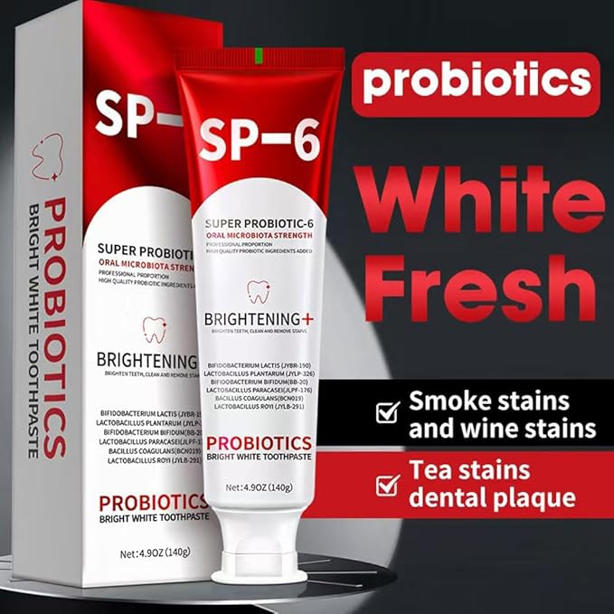 SP-6 Probiotic Whitening Toothpaste – Advanced Formula with 6 Probiotics for Teeth Whitening & Gum Health, Fluoride-Free, Enamel-Safe, Fresh Mint Flavor, 4.9oz (2 Pack)