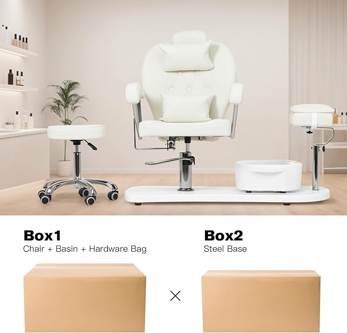 Pedicure Chair No Plumbing with Stool & Foot Bath, 360°Swivel Hydraulic Reclining Pedicure Station with Footrest & Ergonomic Headrest for Nail Tech, Spa, Salon (White)