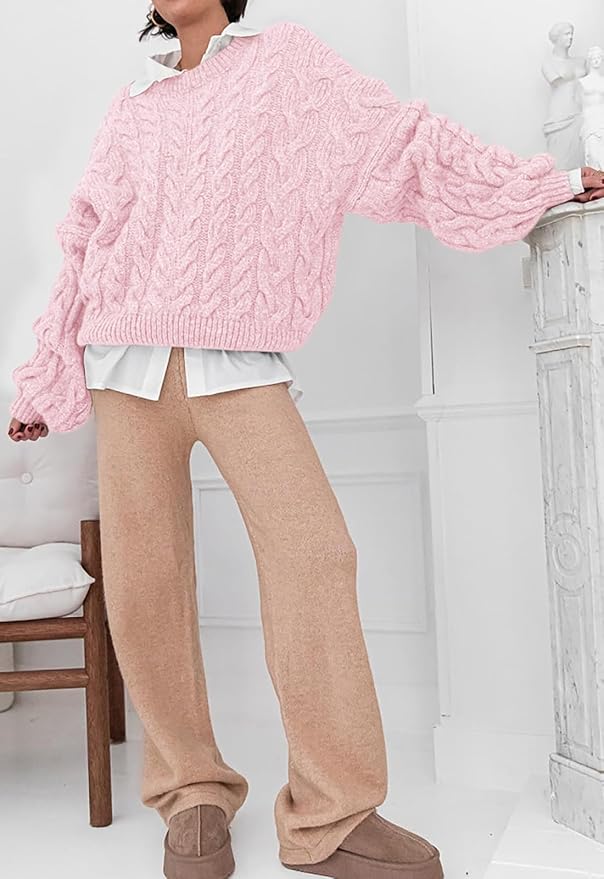 PRETTYGARDEN Womens Sweaters Spring 2026 Cable Knit Long Sleeve Crewneck Oversized Sweater Chunky Pullover Loose Outfits