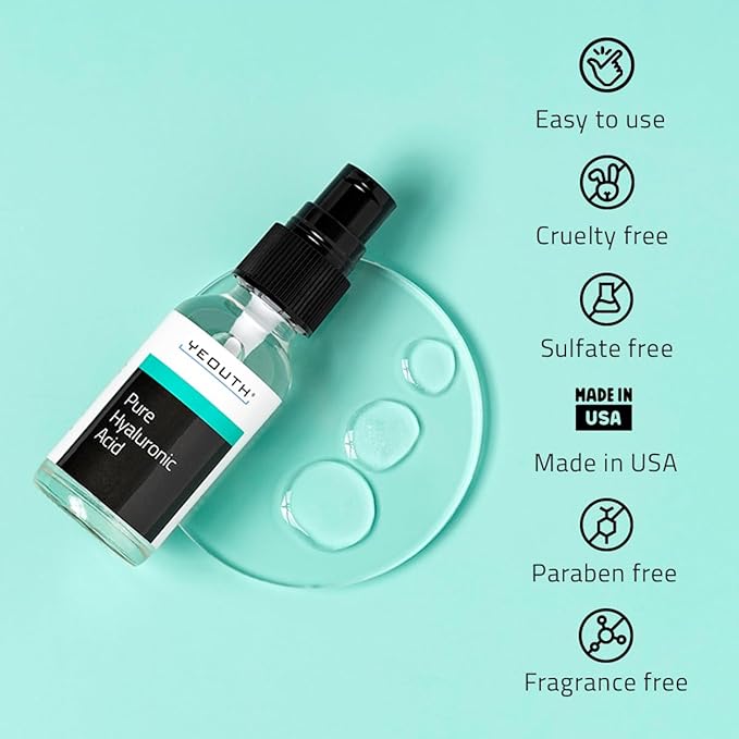 YEOUTH Pure Hyaluronic Acid Serum for Face 99% for Dry & Dull Skin, Hydrating Hyaluronic Acid Face Serum for Women & Men, Facial Care For All Skin Types 2oz
