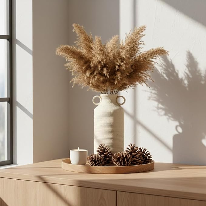 Vaseking Ceramic Rustic Vase with 2 Round Handles, Antique Farmhouse Flower Vase, Vintage Terracotta Vases for Home Decor, Wedding, Living Room, Table, Shelf Decor - 10.2 Inch Tall, Fossil