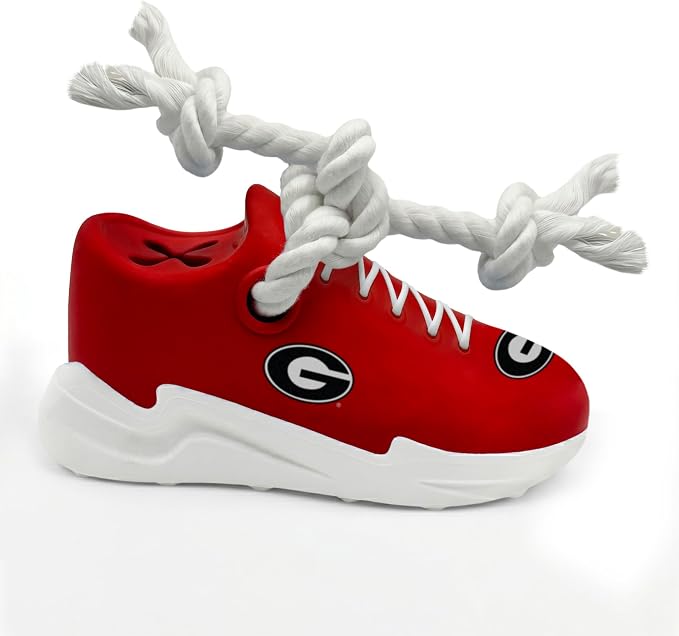 NCAA Georgia Bulldogs Cleat Sneaker Spike Dog Toy, Treat Dispenser Chew Toy for Dogs, Interactive Rope Tug Toy, Slow Feeder Natural Rubber Dog Toy with Official Team Logo for Puppies & Adult Dogs