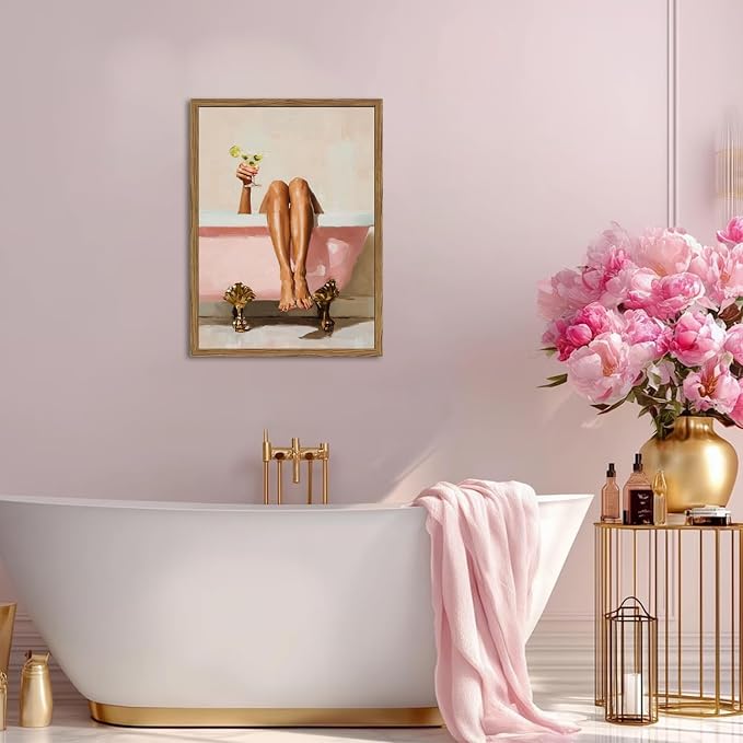 Funny Girl Bathroom Wall Art Pink Cute Girly Bathtub Wall Decor Picture, Trendy Girl Bathroom Martini Cocktail Poster Canvas Print Painting Minimalist Cute Woman Artwork 12x16 inch Wood Framed