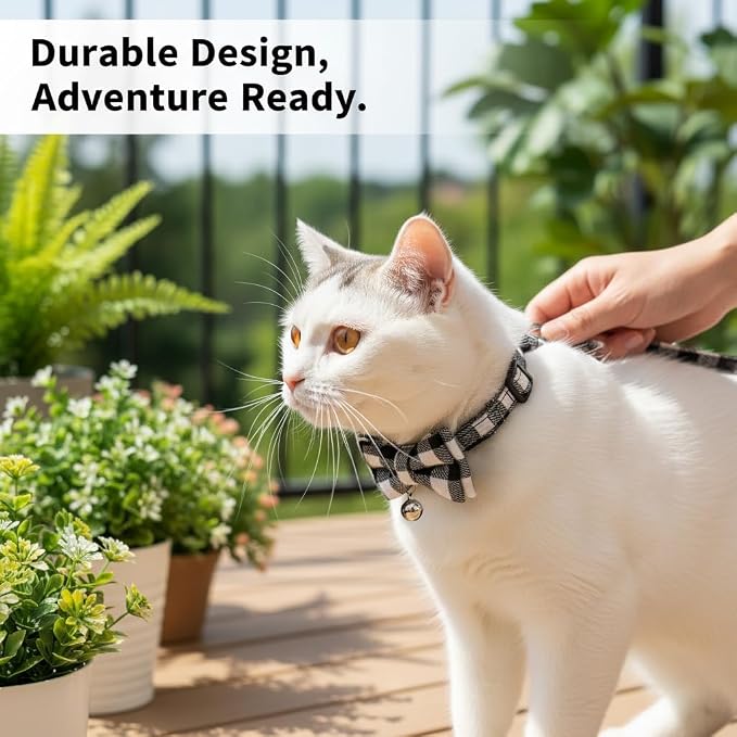 Plaid Breakaway Cat Collar with Bell & Removable Bow Tie – Cotton Kitten Collar with Bells for Boy Cats or Small Dogs. Adjustable Size 8-13.2in (Green)