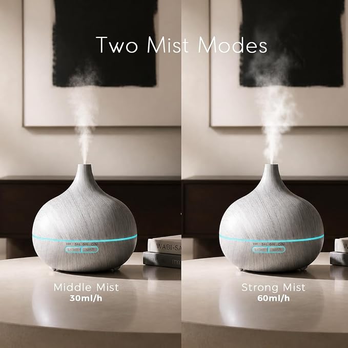 550ml Essential Oil Diffusers with Remote Control, Ultrasonic Oil Diffuser with Timer,7 Color LED Night Light and Waterless Auto-Off Functions for Home, Spa White Wood Grain