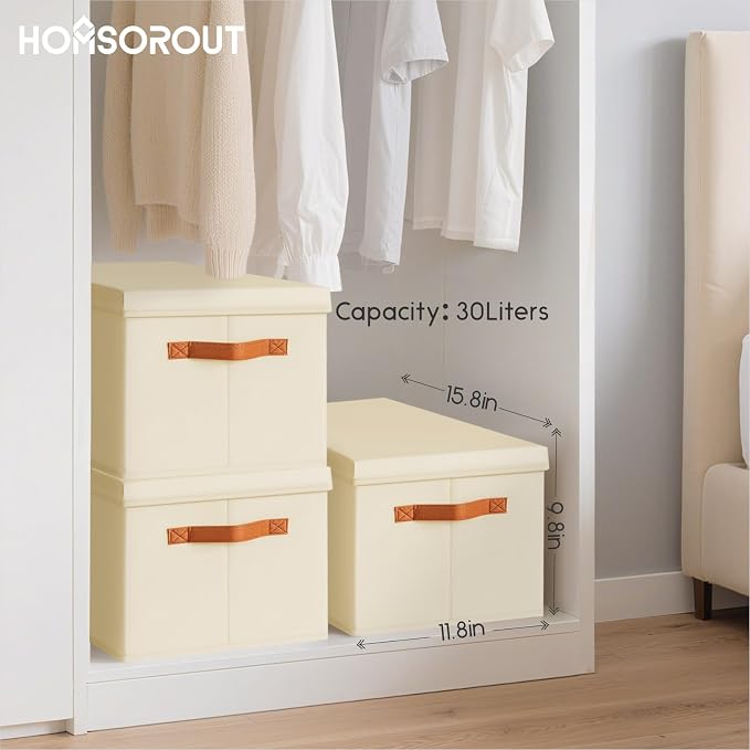 Storage Bins with Lids - Large Fabric Closet Bins with Lid, 8 Pack Clothes Organizers and Storage, Collapsible Stackable Cube Basket for Home, Office, Dorm, Beige