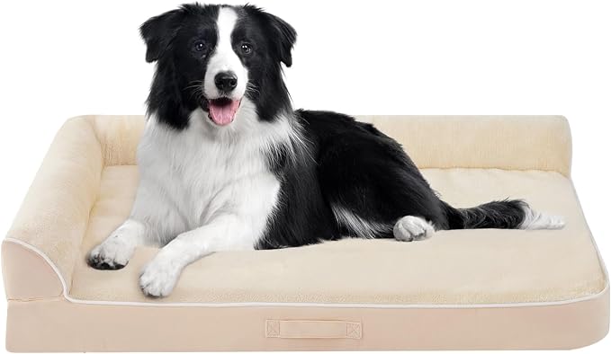Orthopedic Dog Bed for Medium Size Dog, 36"x27"x6.5", Beige | Waterproof, Washable Cover, L-Shaped Pet Couch, Egg-Crate Foam for Pressure Relief, Portable Handle