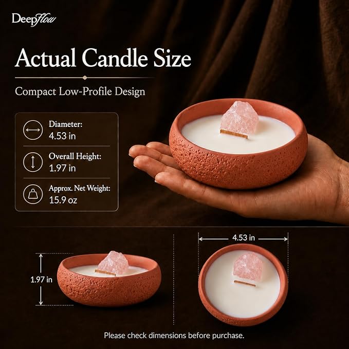 DEEP FLOW Rose Quartz Love Energy Candle - Soft Peach Floral Scent, Luxury Scented Candle with Healing Crystals for Self-Care & Romance (Nurturing Serenity)