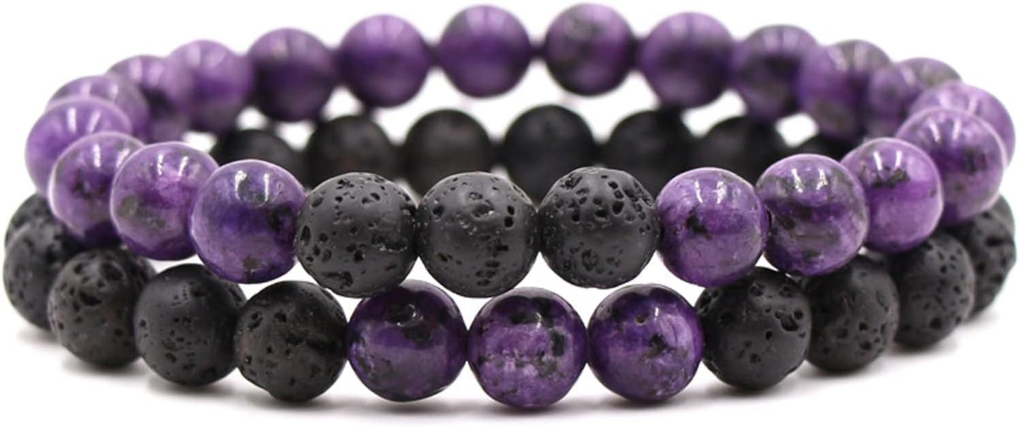 Caiyao 2Pcs Matte Lava Rock Volcanic Stone Beads Stretch Bracelet Stacking Essential Oil Diffuser Tiger Eye Seed Energy Yoga Bracelet for Men Women Couple Stress Relief Healing Aromatherapy Jewelry