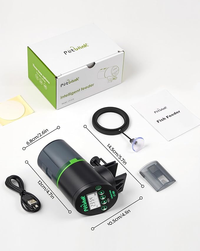 Automatic Fish Feeder for Aquarium Easy Setup & 4 Timers Black | 200ML Rechargeable Auto Food Dispenser for Flakes & Pellets, LCD Display, Vacation Feeding for Small Tank Betta Koi Turtle
