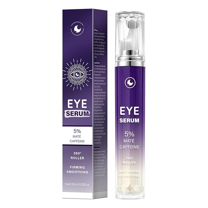Eye Serum with 5% Mate Caffeine, Under Eye Cream for Puffy Bags Fine Lines Dark Circles Wrinkles, 360° Roller Massage Ball Eyes Treatment Serum Brightens Tired Eyes 5ml 0.5 fl. oz