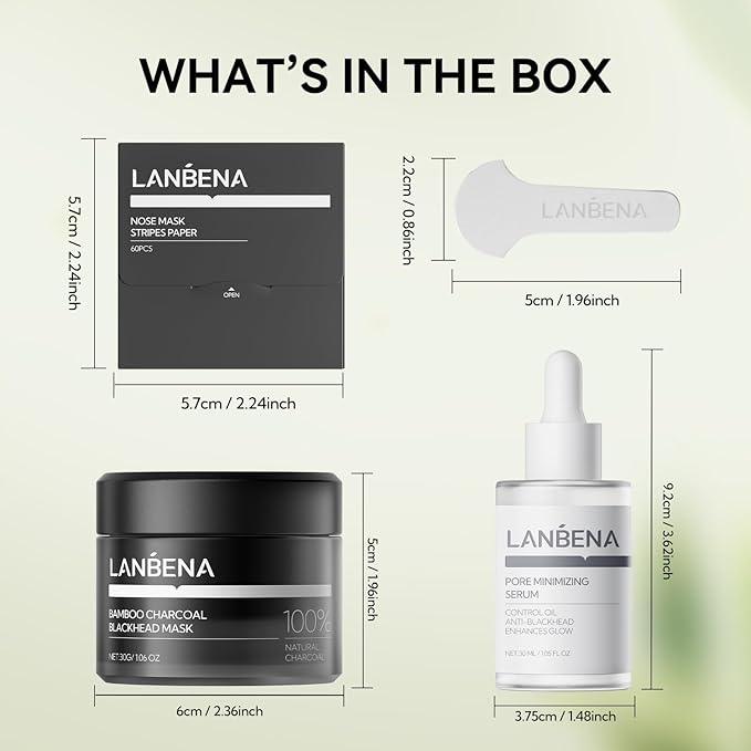 LANBENA 3 in 1 Blackhead Mask Kit-Bamboo Charcoal Pore Strips (30g), Pore Minimizing Serum (30ml) & Removal Paper - Mask for Face