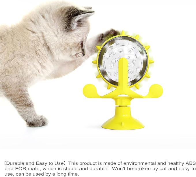Interactive Cat Slow Feeder, Rotating Durable Dog Puzzle Toy, Mental Stimulation Treat Dispenser with Powerful Suction Cups for Cats and Dogs (Yellow)