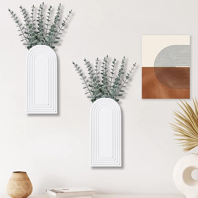 Dnnnii 2 Pack Wooden Wall Vase Set - White Finish Modern Farmhouse & Boho Wall Decor for Entryway, Hallway, Bathroom, Living Room, Dining Room, Narrow Spaces