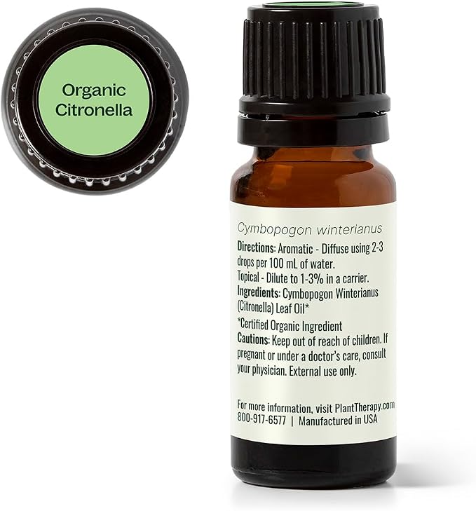 Plant Therapy Citronella Organic Essential Oil 10 mL (1/3 oz), 100% Pure, USDA Certified Organic, Undiluted, Natural Aromatherapy for Outdoor Pests and Immune Support
