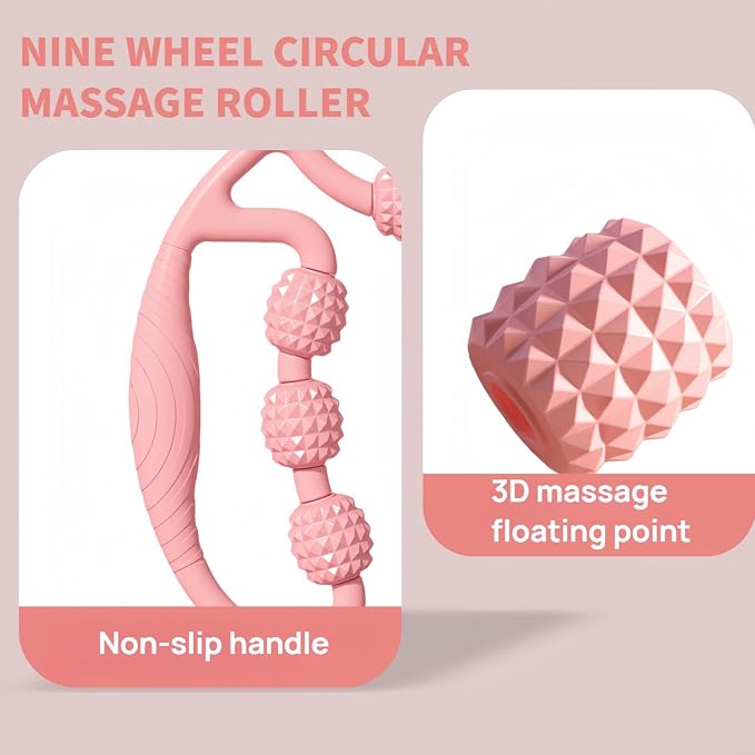 Full Body Massage Tool with 9 Rollers, Pink Manual Massager for Neck, Shoulder, Back, Arms, Legs, 25cm Length, Double Massage Area Design