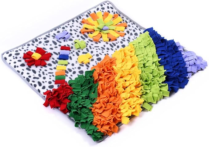 Vedem Small Animal Snuffle Mat Fleece Foraging Mats Interactive Feeding Toy Rabbit Guinea Pig Rat Hamster Anti Slip Treat Dispenser (Leopard-Rainbow)
