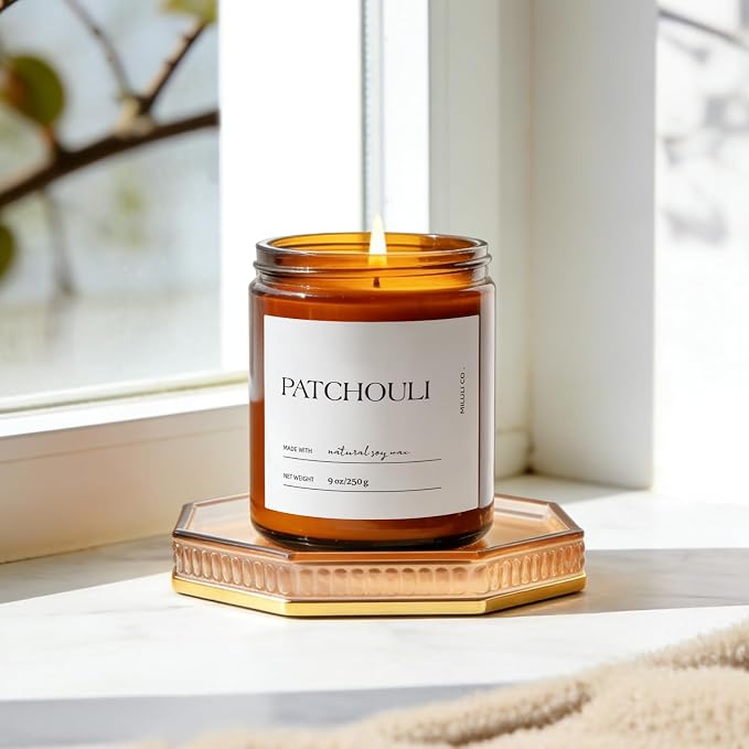 Patchouli Scented Soy Candle for Home, Natural Aromatherapy Candles with Essential Oils, Nontoxic Clean Burn, Strong Balanced Scent, 50 Hour Longlasting, Amber Jar Candel for Women Men(9oz)