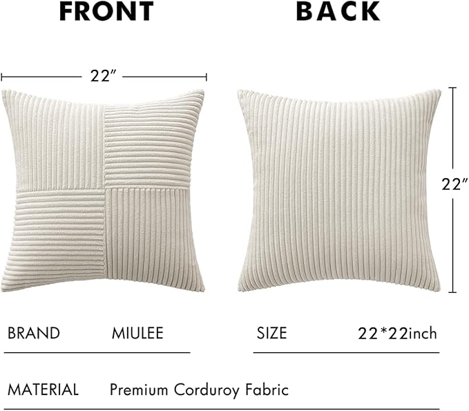 MIULEE Cream White Decorative Throw Pillow Covers for Couch 22x22 Inch | 2 Pack, Beige Neutral Boho Farmhouse Pillow Covers, Soft Cross Corduroy Patchwork Textured Cushion Cases For Bed Sofa