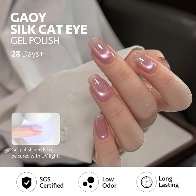 GAOY Barely Pink Glassy Cat Eye Gel Nail Polish, 16ml Glitter Holographic Nail Polish with Magnet, Reflective Translucent UV Light Cure, 3319 Pearl Petal