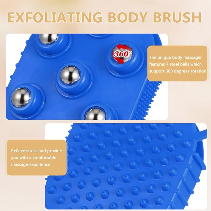 Veemoon 2 Pcs Palm Massage Glove, Roller Ball Handheld Massager, Blue PVC Body 7 Metal Beads, Lymphatic Massage Tool Face Back Neck Foot Muscle Tension Soothing Gua Sha Adults Present