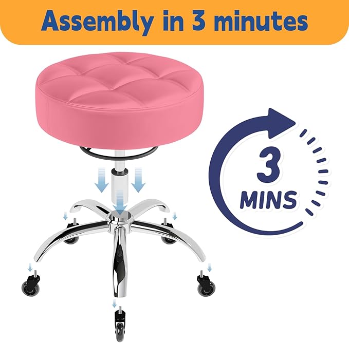 YEEZEE Rolling Stool Heavy Duty 400lb: Super Soft Leather Seat Cushion, 360 Swivel, Height Adjustable 19.7"-25.3", No Squeaky Noises, No Tip Over, Salon & Spa Stool, Pink