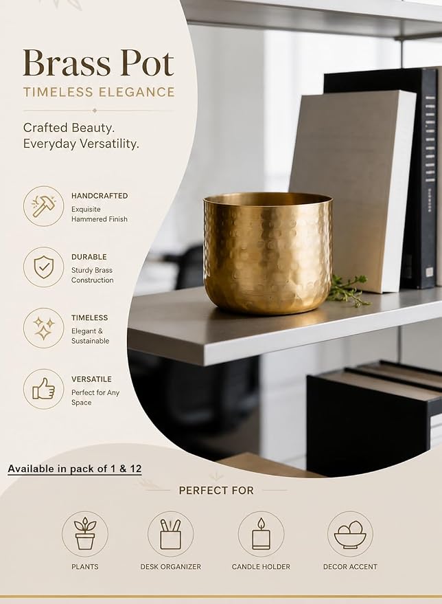 Serene Spaces Living Antique Brass Look Gold Hammered Pots, Indoor Planter, Decorative Accent for Potted Plants, Gold Flower Vase for Wedding or Event Centerpiece, Extra Small, 5" Diameter & 4" Tall