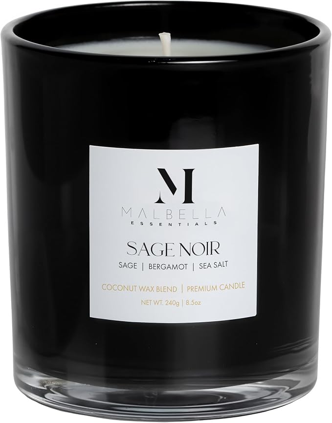 Sage Noire Luxury Scented Candle for Women & Men | 8.5 oz Hand-Poured Coconut Wax Blend | Modern Self-Care Aromatherapy Candle | 50 Hr Burn | Gift-Ready Glossy Glass Vessel