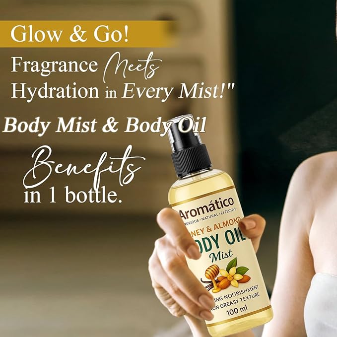 Aromatico Honey & Almond Body Oil Mist for Women | Lightweight, Non-Sticky, Spray-on formula for Daily use After Shower | Moisturized, Soft, Glowing Skin | Cozy, Creamy Vanilla Scent - 4 Fl Oz