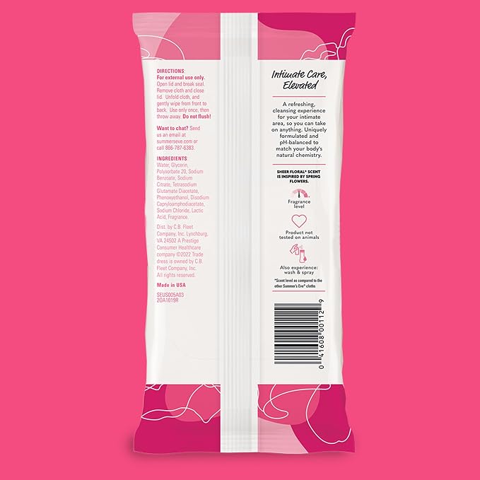 Summer's Eve Sheer Floral Feminine Wipes, Gentle pH-Balanced Formula Helps Control Vaginal Odor, Resealable Pack, 32 Wipes, Pack of 12