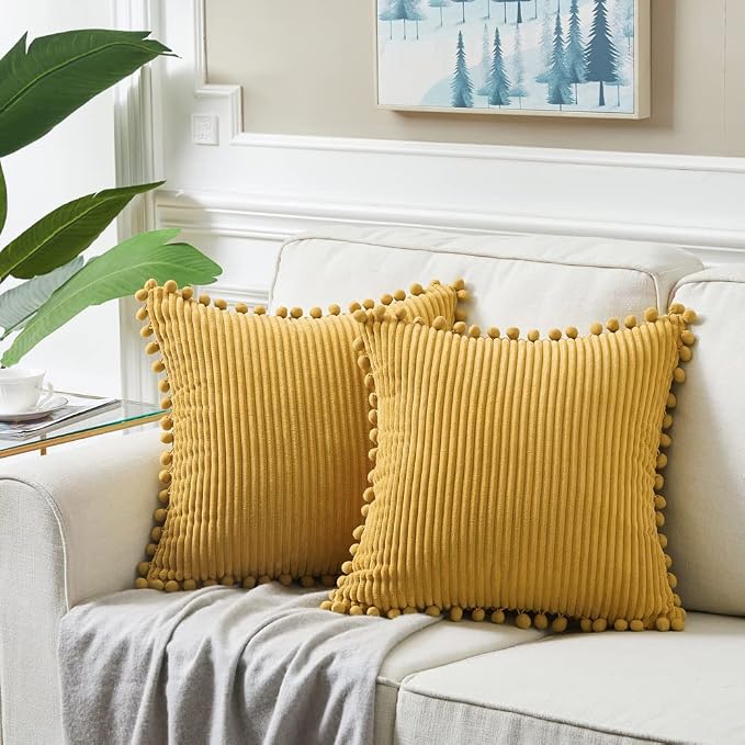 Fancy Homi Pack of 2 Mustard Yellow Fall Decorative Throw Pillow Covers 20x20 Inch with Pom-poms for Living Room Couch Bedroom, Soft Corduroy Solid Square Cushion Case 50x50 cm, Boho Home Decor
