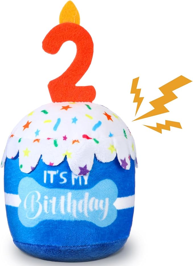 Dansydaisy Dog Birthday Cake Toy Squeaky Plush Gift,2nd,Blue