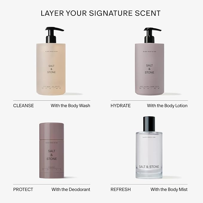Salt & Stone Body Mist, Black Rose & Oud Scent, Skincare Infused Perfume Hair & Body Spray for Women and Men, Hydrating Fragrance with Glycerin and Red Algae, Vegan, Cruelty Free, 3.4 fl oz