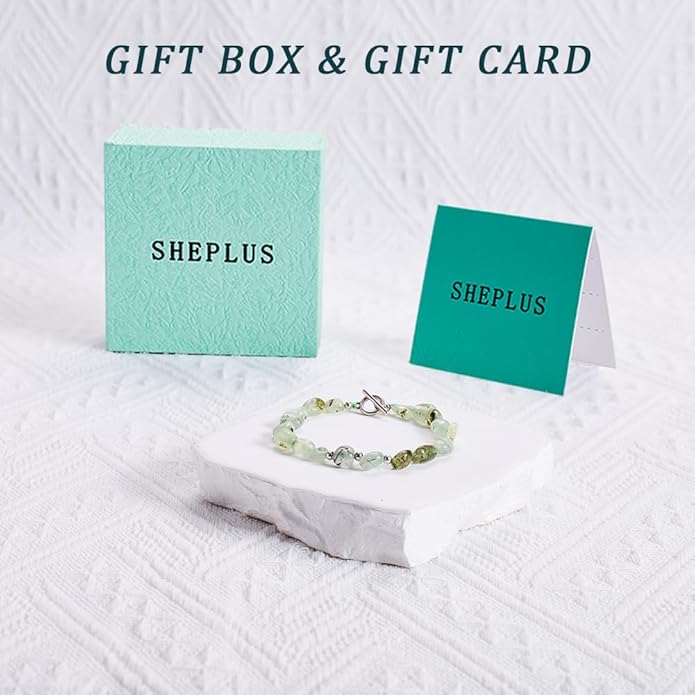 Sheplus Valentine's Day Gift - Natural Prehnite Gemstone Bracelet with Sterling Silver Clasp Healing Crystal Jewelry for Wife Girlfriend