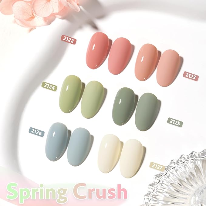 GAOY Green White Spring Gel Nail Polish Set, 6 Colors Blue Pink Coral Olive Soak Off UV Light Cure Gel Polish Kit for Salon and Nail Art DIY at Home