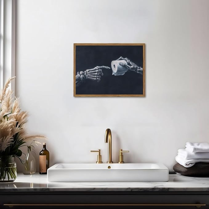 Funny Skeleton Bathroom Wall Art Gothic Skull Hand and Toilet Paper Bathroom Wall Decor Picture, Dark Academia Restroom Poster Canvas Print Painting 16x24 inch Wood Framed