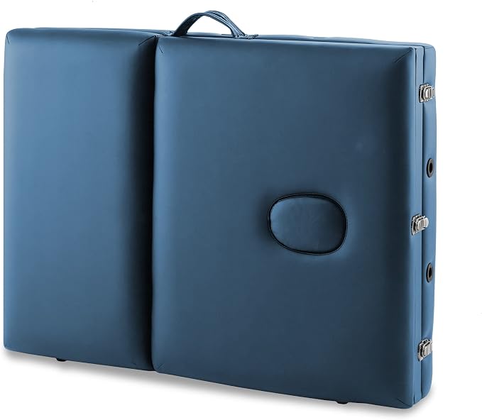 Saloniture Professional Portable Lightweight Tri-Fold Massage Table with Aluminum Legs - Includes Headrest, Face Cradle, Armrests and Carrying Case, Blue
