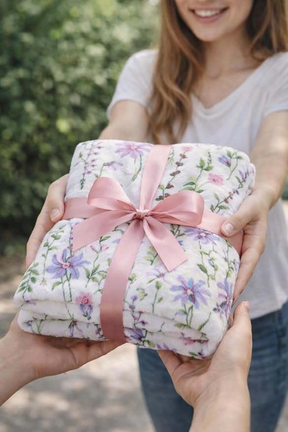 Spring Velvet Fleece Floral Throw Blanket: Wild Flowers of Pink Purple Green on a Colorful Soft Cozy White Design, Oversized 50" x 70"