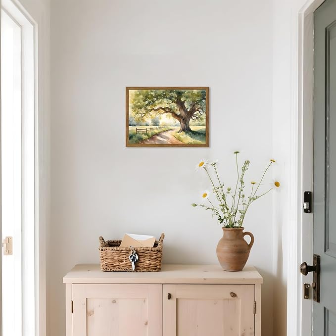 Framed Vintage Tree Landscape Wall Art, Watercolor Country Road Nature Wall Decor Paintings, Rustic Countryside Pictures Canvas Prints Aesthetic Home Decor for Living Room Bedroom Bathroom 12x16 inch