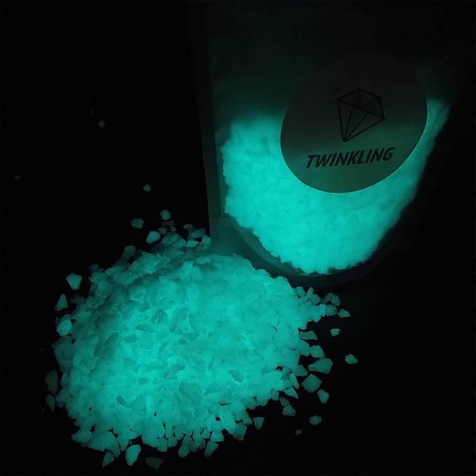 TWINKLING Glow in The Dark Crushed Glass, Broken Glass Glitter, Glow in The Dark Stones Gems Chips for DIY Resin Art Epoxy Crafts, Nail Art, Jewelry Making, Geode Painting, 1-3mm(200g) (Blue Green)