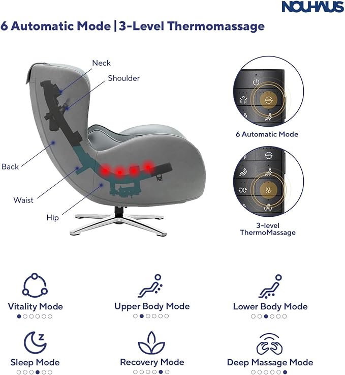 Nouhaus Heated Classic Massage Chair with Ottoman – Full Body & Spot Shiatsu Massager, Recliner with Bluetooth Speaker & in-Chair Charger – Portable & Ergonomic Design
