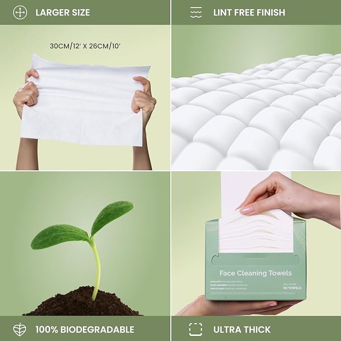 PLANTIFIQUE Disposable Face Towels XL 10"x12" - 100% Biodegradable Viscose Facial Towelettes for Women Skin Care - Toallas para la Cara Desechables, 100 Count