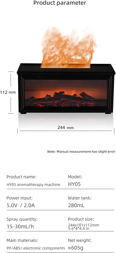 Fireplace Flame Essential Oil Diffuser, 280ml Aromatherapy Humidifier with Remote Control, 7 Color LED Lights, Ultrasonic Aroma Diffuser for Home Bedroom Office Yoga Spa, White