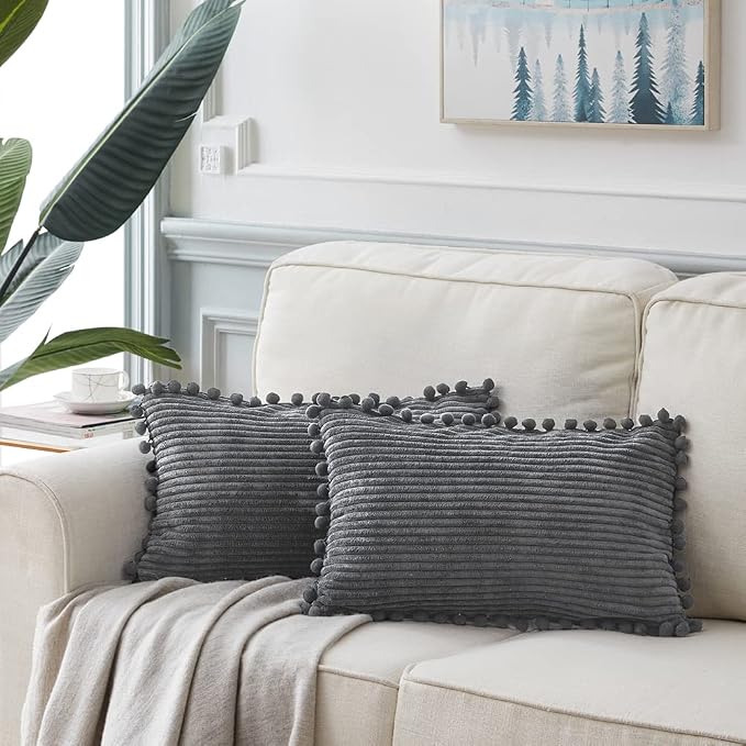Fancy Homi 2 Pack Dark Gray Lumbar Decorative Throw Pillow Covers 12x20 Inch with Pom-poms for Couch Bedroom Sofa, Soft Corduroy Solid Rectangle Cushion Case 30x50 cm, Farmhouse Boho Home Decor
