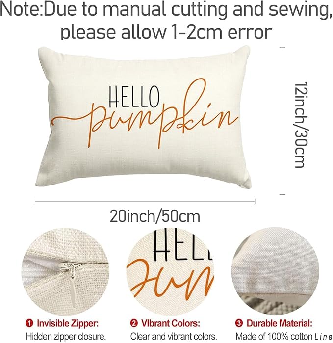 RABUSOFA Fall Pillow Covers 12x20 Inch,Autumn Hello Pumpkin Pillows Decorative Throw Pillows,Lumbar Outdoor Thanksgiving Cushion Cover Farmhosue Fall Decor for Bedroom Couch Sofa White