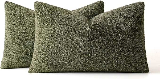 MIULEE 12x20 Decorative Lumbar Boucle Couch Pillow Covers Moss Green | Set of 2 Textured Neutral Throw Pillow Covers, Accent Solid Pillowcases, Sofa Living Room Home Decor
