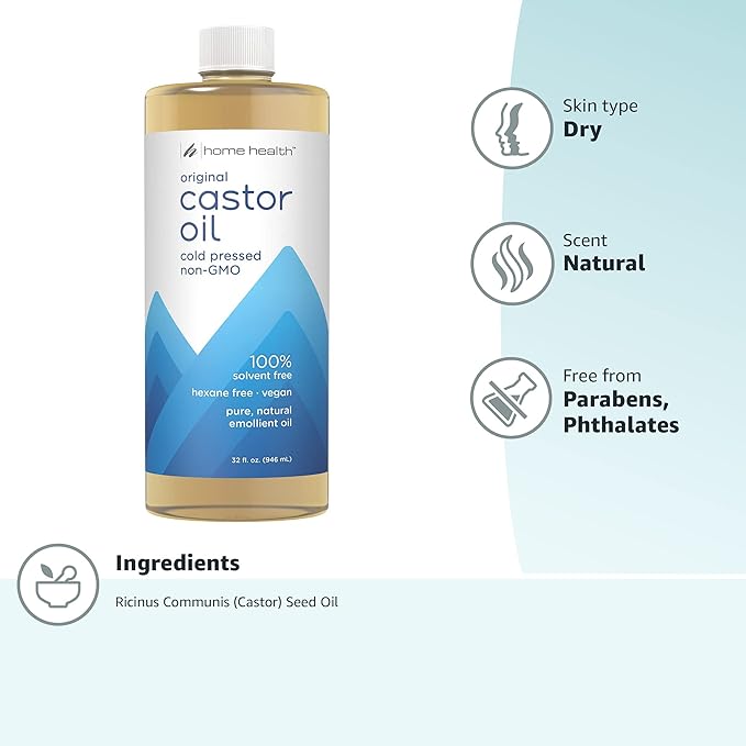 Home Health Original Castor Oil,Promotes Healthy Hair And Skin,Natural Skin Moisturizer - Pure,Cold Pressed,Non-GMO,Hexane-Free,Solvent-Free,Paraben-Free,Vegan - 32 fl oz,(Pack of 2)