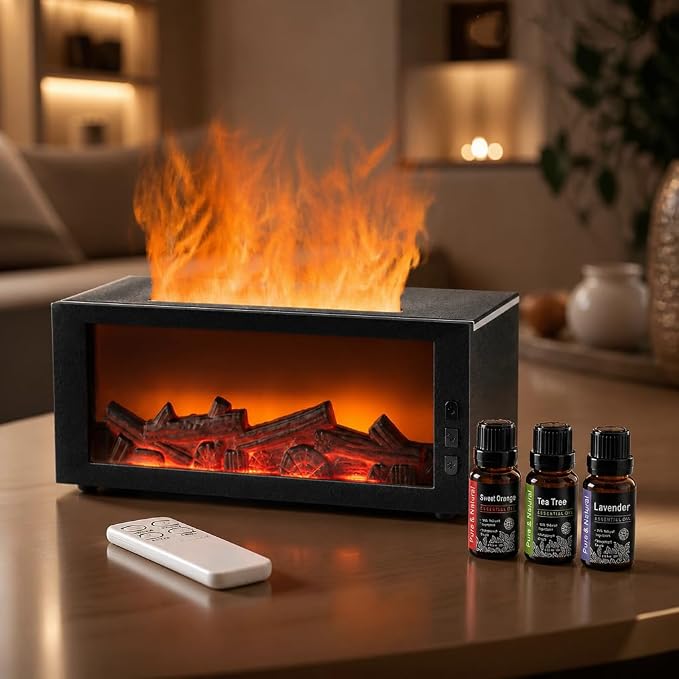 Fireplace Flame Diffuser, 300ML Essential Oil Diffuser with 7 Color Realistic Flame Light, Remote & Timer Aromatherapy Scent Diffuser for Home Bedroom Office Yoga